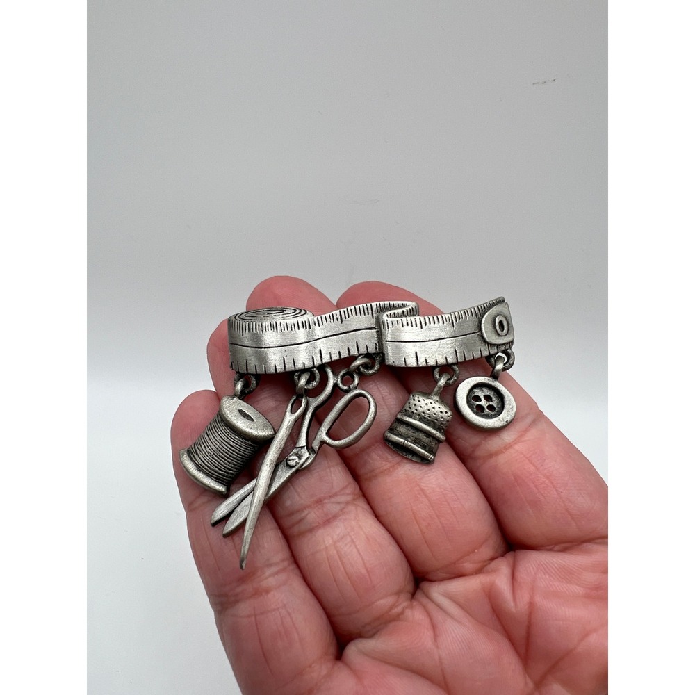 Vintage JJ Jonette Pewter Sewing Charm Pin Brooch 2" Silver Tone - Picture 8 of 9